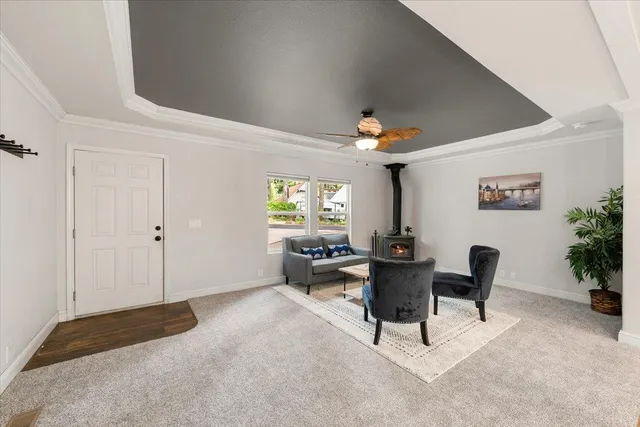 a living room with furniture and potted plant