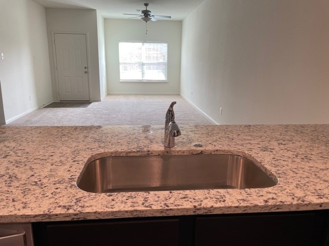 18741 Speculator Lane Elgin, TX 78621 - Photo 28 of 28 Kitchen with carpet, light stone countertops, a ceiling fan, and open floor plan