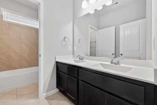 a bathroom with a double vanity sink a tub and a mirror