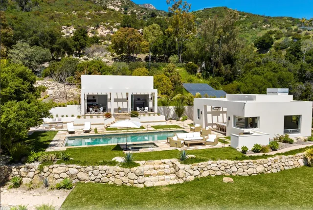 a view of a swimming pool with a garden