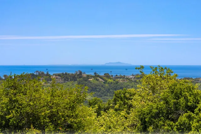 a view of a green field with an ocean