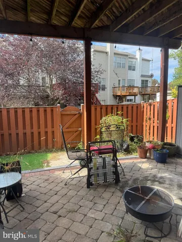 a backyard of a house with table and chairs