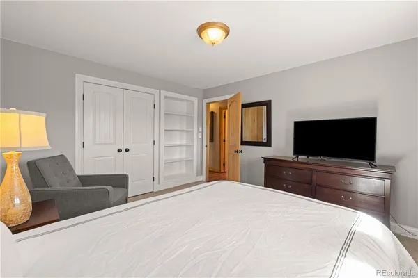 a bedroom with a bed and a television