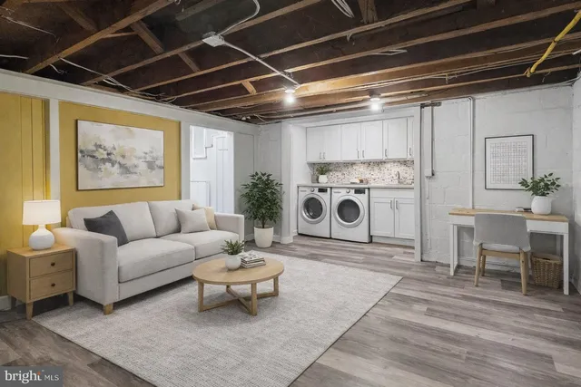 a living room with furniture a clock and a table
