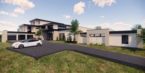 a view of a house with pool and chairs