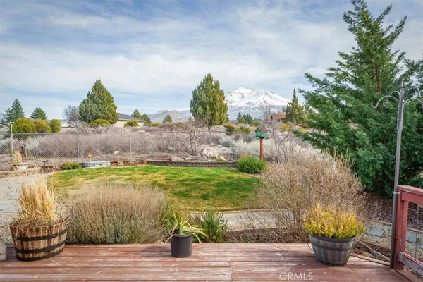 a view of a house with backyard and trees in the background