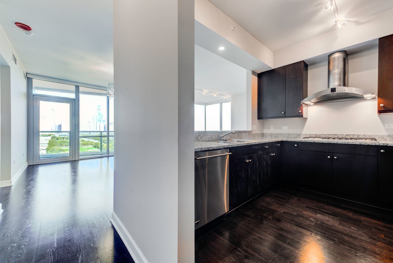 1201 South Prairie Avenue, Unit 1803 Chicago, IL 60605 - Photo 3 of 27 a kitchen with granite countertop a stove a sink and wooden floor