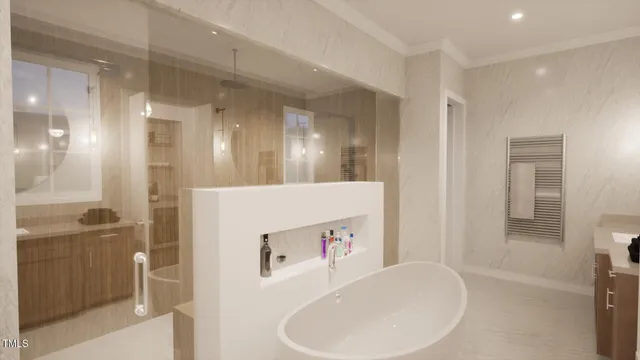 a living room with furniture or kitchen view and a chandelier