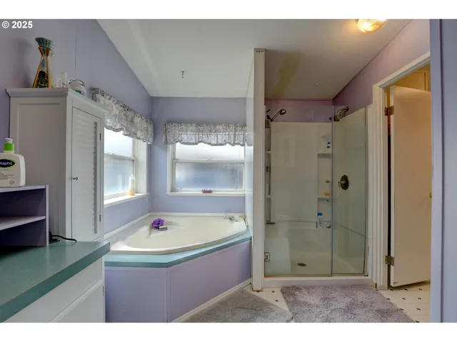 a bathroom with a tub sink shower and mirror
