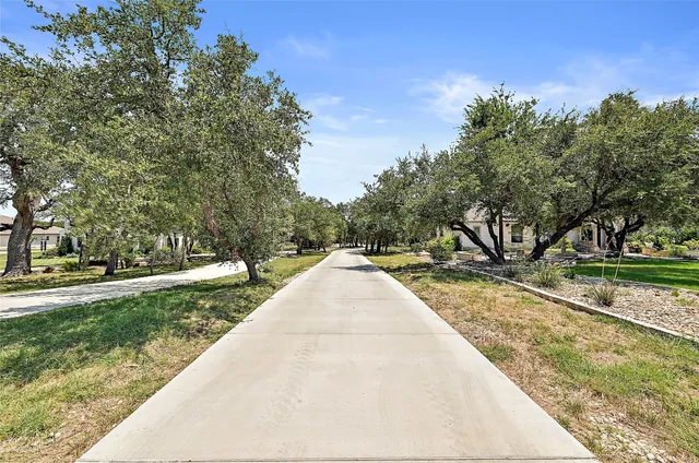 a view of a backyard with large trees