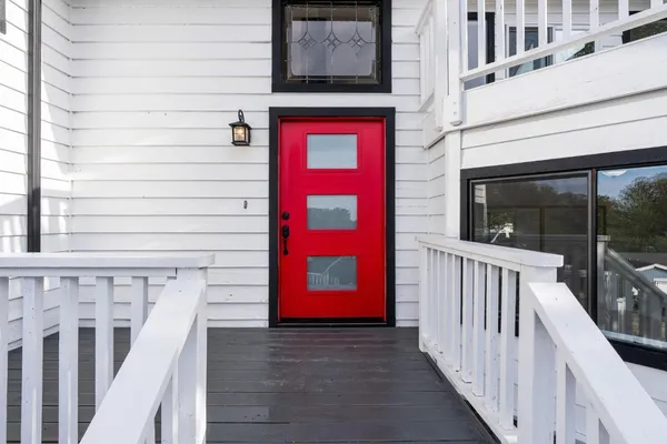 a view of a brick wall with an entrance