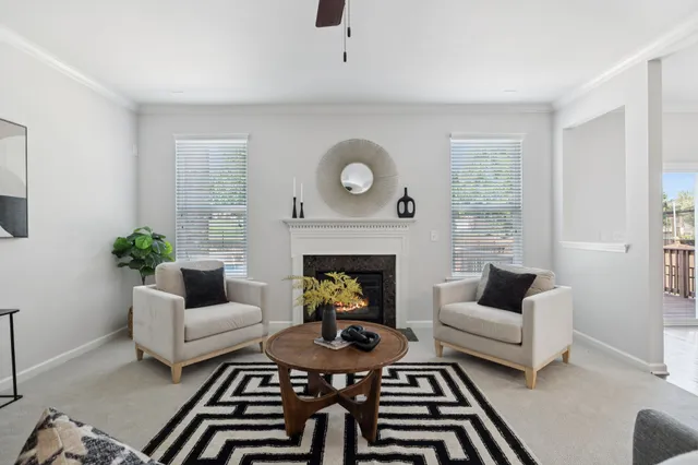 a living room with furniture a rug and a fireplace
