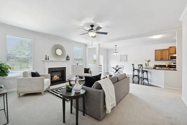 a living room with furniture and a fireplace