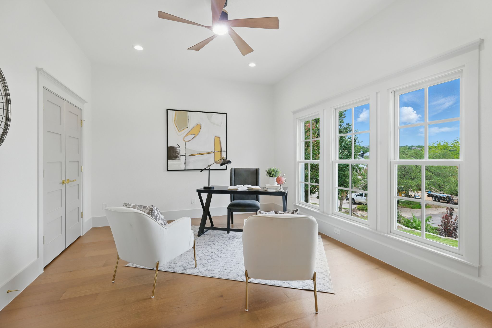 6905 Rudi Cove Austin, TX 78759 - Photo 6 of 36 Office with ceiling fan, light wood-style flooring, and recessed lighting
