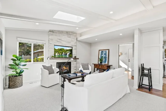 a living room with fireplace furniture and a potted plant