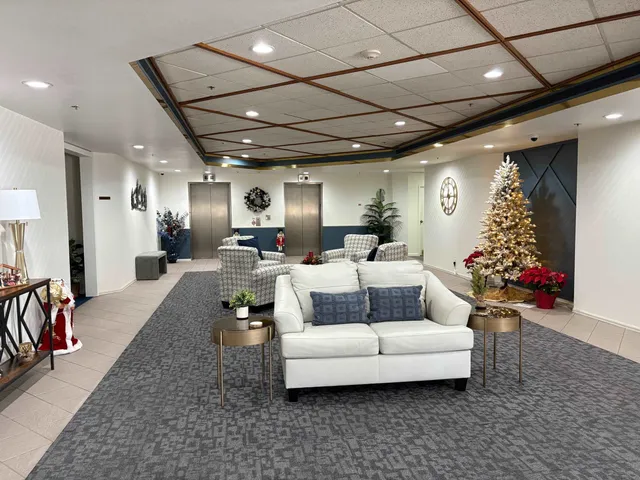 a view of a dining room with furniture