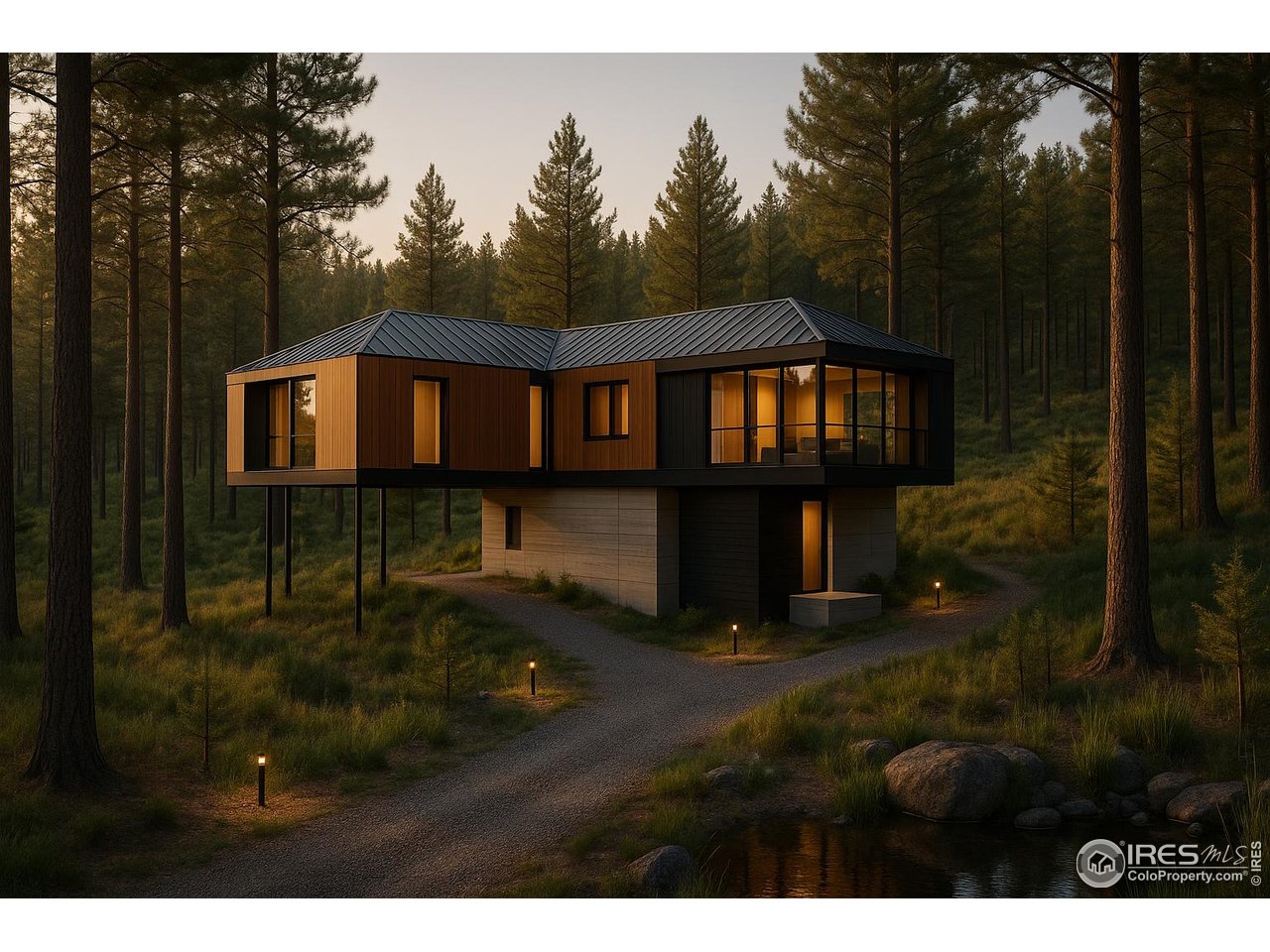 375 Arroyo Chico Boulder, CO 80302 - Photo 17 of 42 As daylight fades, this vision imagines a warm, modern retreat emerging from the forest-calm, grounded, and thoughtfully placed.