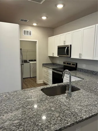 a kitchen with a sink a stove and cabinets