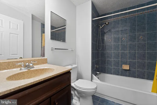 a bathroom with a sink a toilet a mirror and bathtub