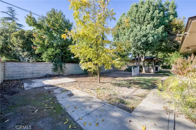 a view of a yard with plants and trees