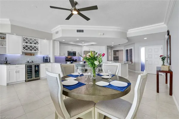 a view of a dining room with furniture
