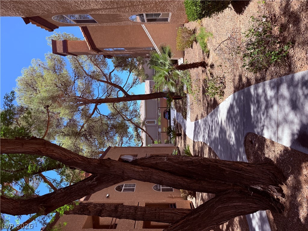9325 West Desert Inn Road, Unit 260 Las Vegas, NV 89117 - Photo 25 of 42 A winding pathway guides through mature trees and desert landscaping, offering serene community access.