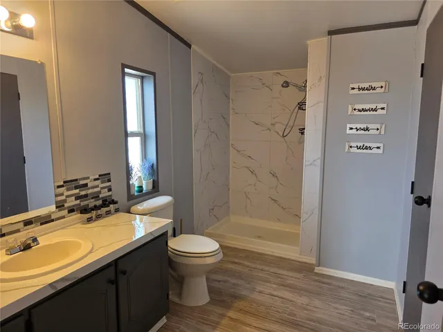 a bathroom with a sink a toilet and shower