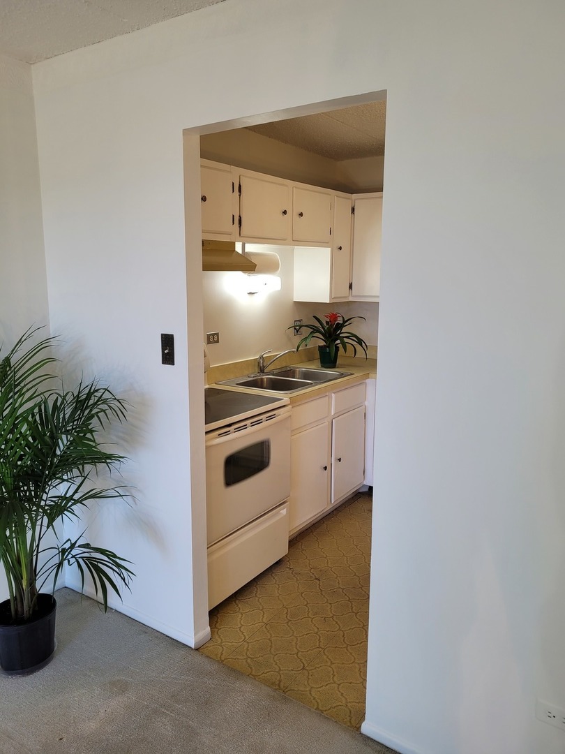 9701 Dee Road, Unit 4F Niles, IL 60714 - Photo 3 of 20 a kitchen with a white stove and white wall