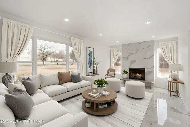 a living room with furniture a fireplace and a large window with balcony view