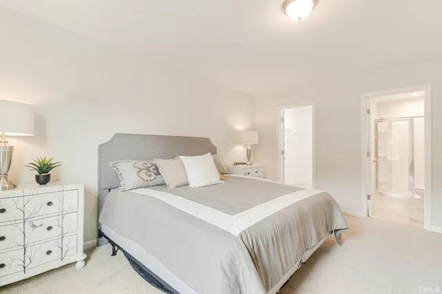 a bedroom with a large bed and a closet