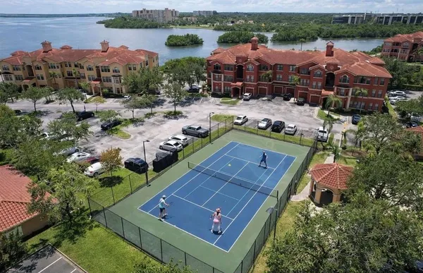 an aerial view of a house with a garden