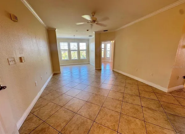 a view of an entryway with a chandelier