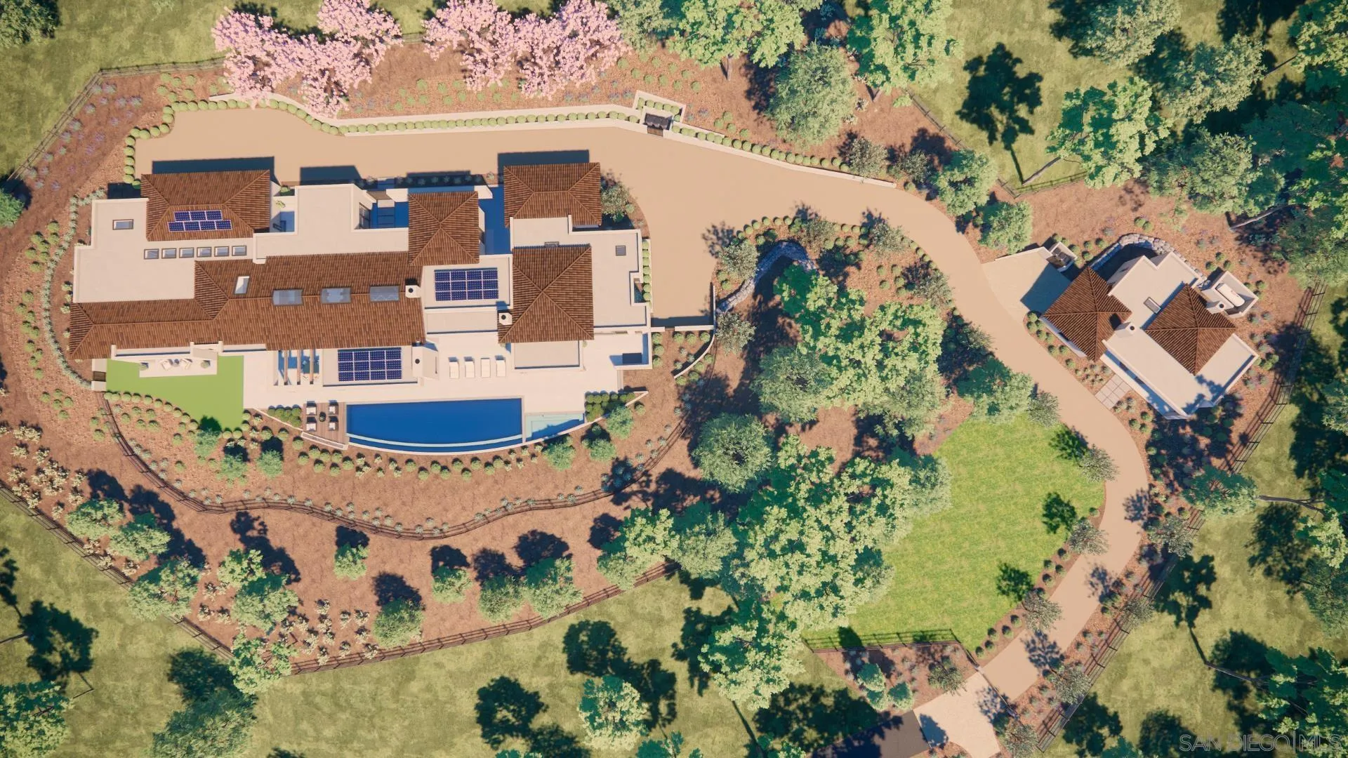 an aerial view of residential houses with outdoor space