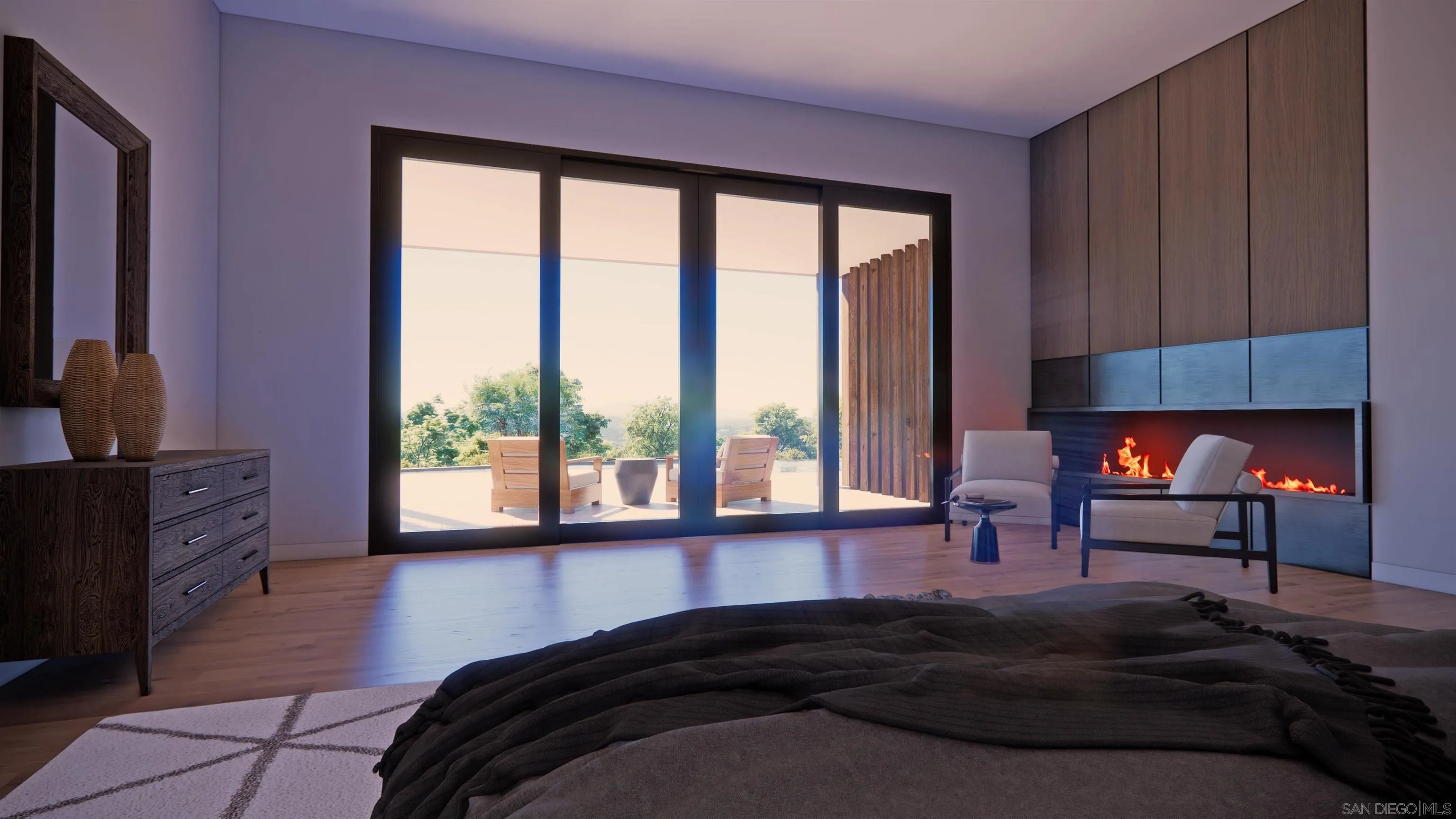 16256 Via Del Alba, Unit PAR 2 Rancho Santa Fe, CA 92067 - Photo 34 of 66 a bedroom with a bed and a fireplace next to a window