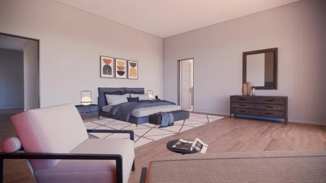 a spacious bedroom with a bed and a large window