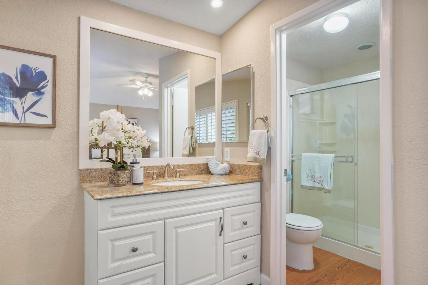 120 Castleton Court San Ramon, CA 94583 - Photo 19 of 30 a bathroom with a granite countertop sink a toilet and a mirror