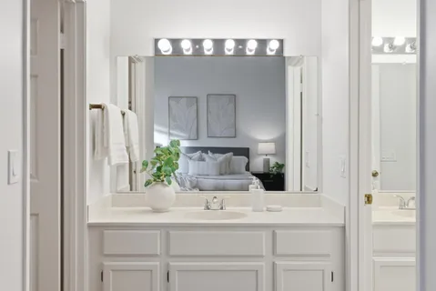 a bathroom with a sink and a mirror