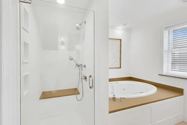 a bathroom with a tub and a shower