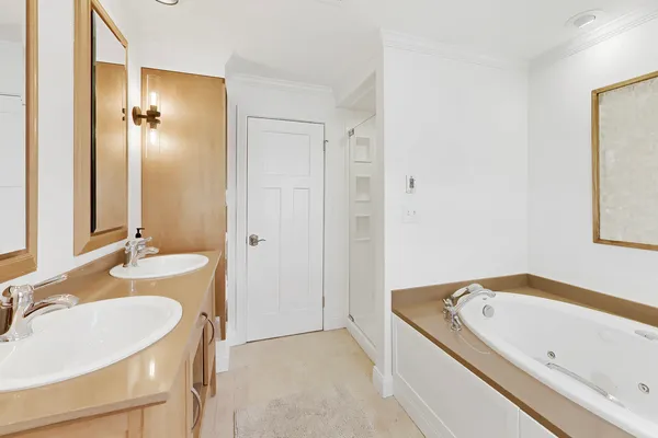 a bathroom with a tub sink and mirror