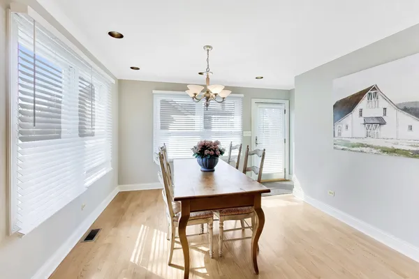 a view of a dining room with furniture and wooden floor