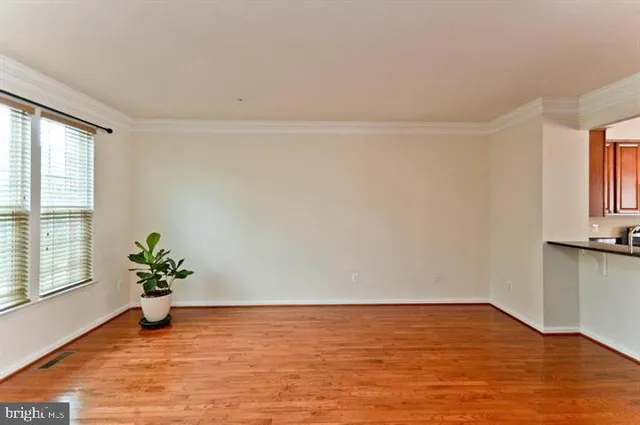 a view of a room with wooden floor and a window