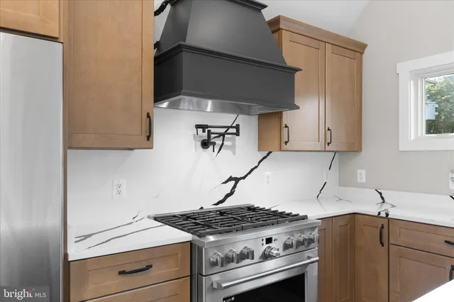 a view of a hallway with wooden shelves