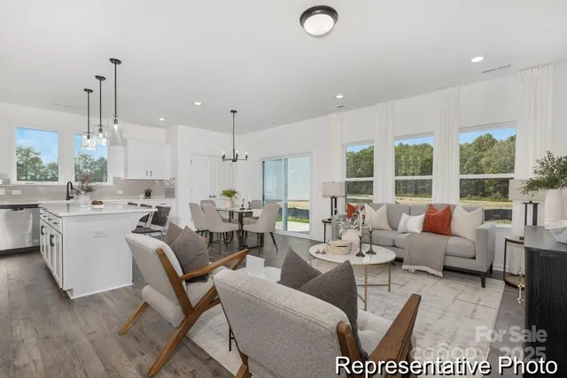 a living room with lots of furniture and a large window