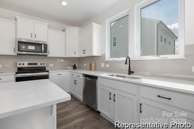 a kitchen with appliances a sink and cabinets