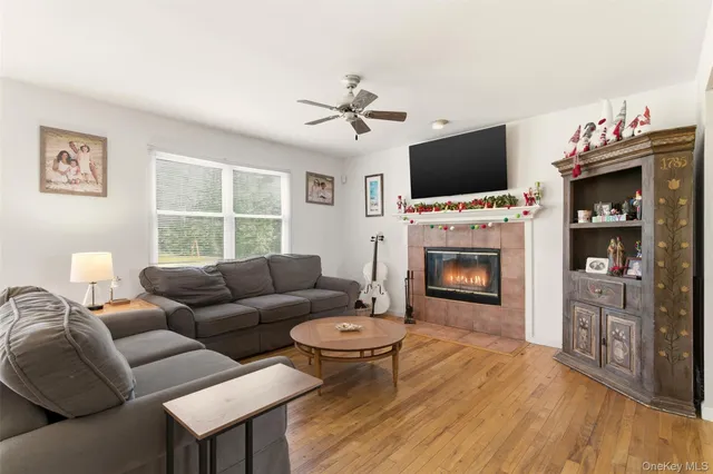 a living room with furniture a flat screen tv and a fireplace