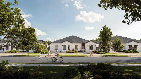 a house view with swimming pool and trees in the background