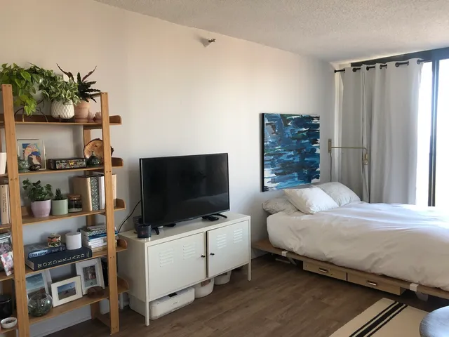 a bedroom with a bed window and a flat screen tv