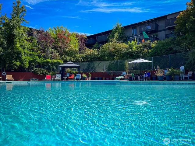 a view of yard with swimming pool and trees in the background