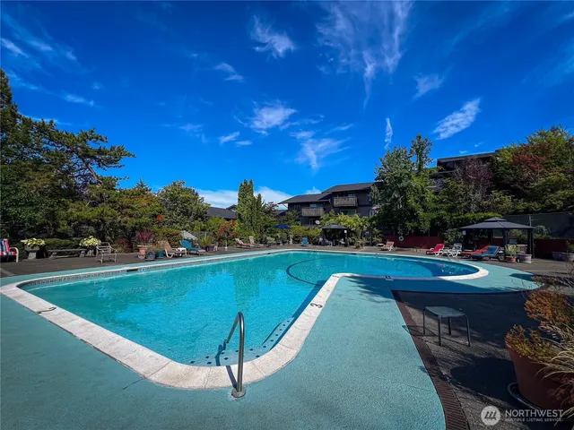 a view of a swimming pool and lounge chairs