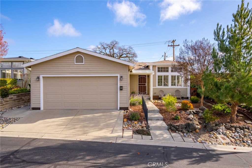 front view of a house with a patio